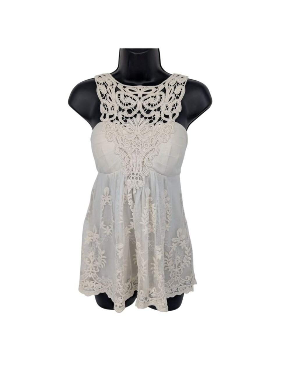 Ivory Lace Babydoll Tunict Top Floral Romantic‎ Fairy Cottage Renaissance Medium